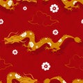 Gold dragons with clouds and flowers on a red background. Seamless vector pattern.